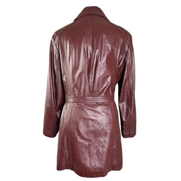 Vintage 70s  Leather Jacket L Burgundy Button Belted Classic Directions Coat - Picture 4 of 11